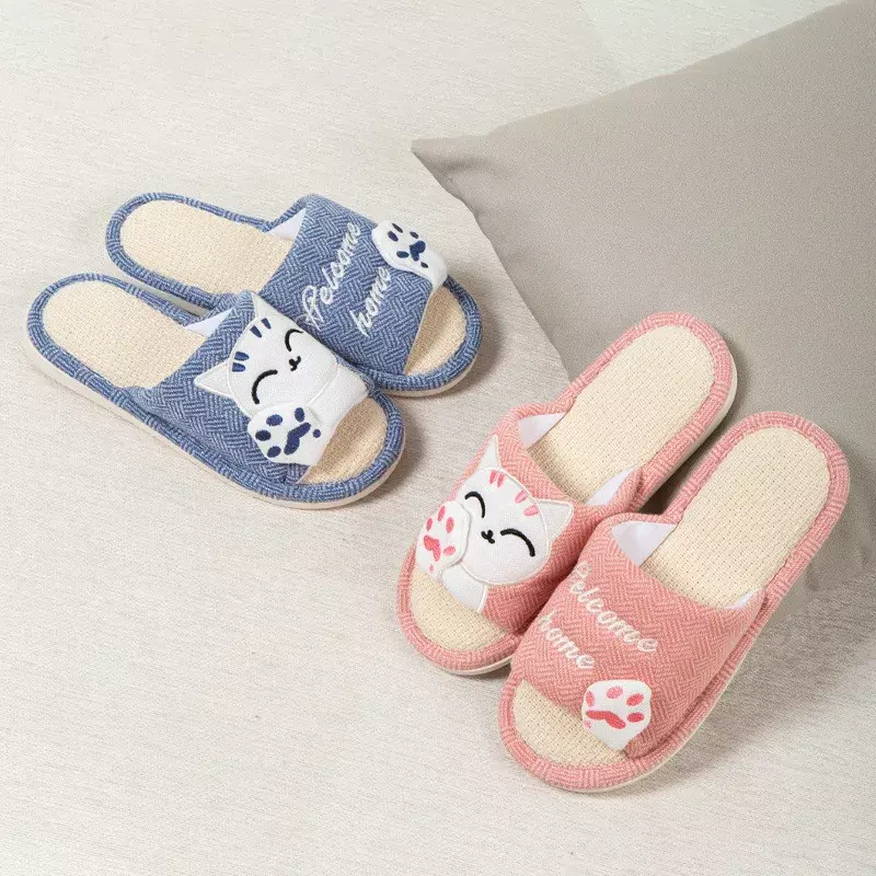 Comemore New Linen Women's Thick Sandals Home Cartoon Slides Soft Non-slip Shoes 2024 New Cute Cat Slippers Women Four Seasons