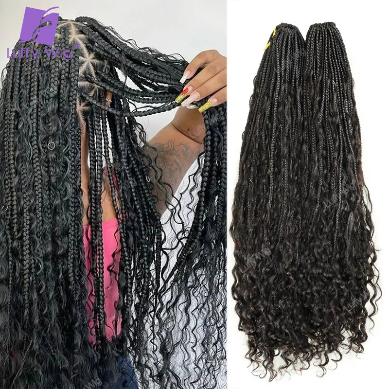 Crochet Boho Box Braids Hair Goddess With Human Hair Curls 30 inch Pre-looped Synthetic Braided Human Hair Curls For Black Women