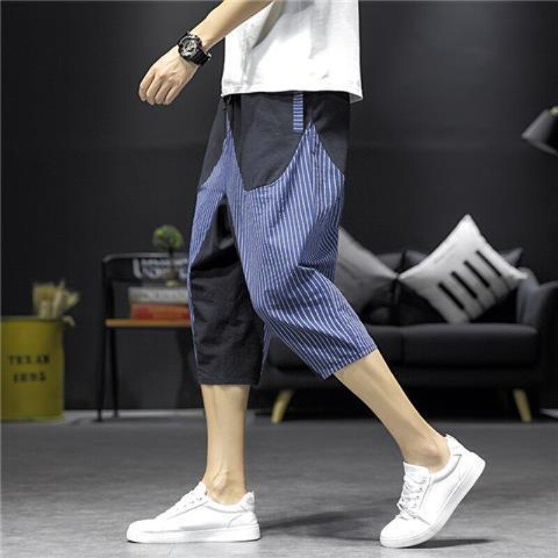 Pantaloncini con coulisse con tasche elastiche in vita da uomo con Patchwork a righe sottili estive alla moda pantaloni larghi casuali alla moda