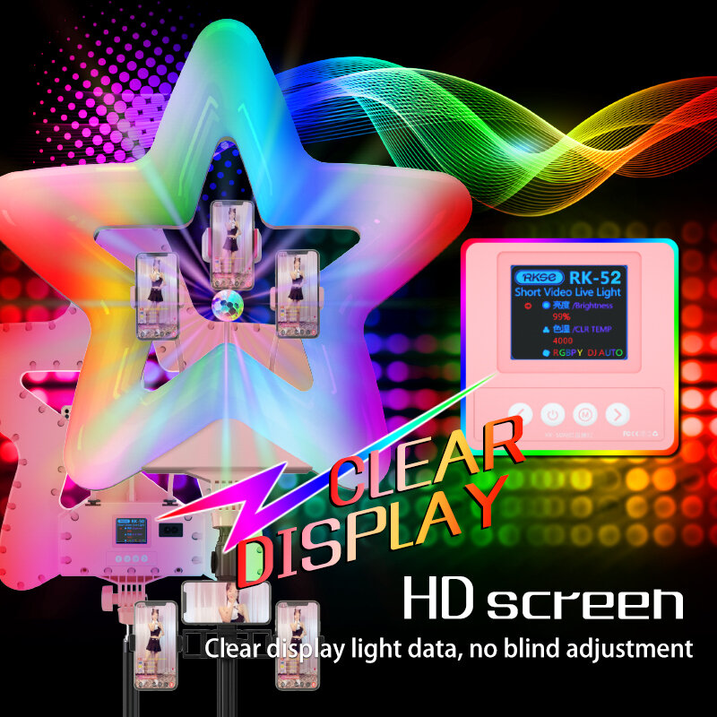 RK52 하트 모양 별 모양 링 조명, RGB 컬러 LED 필링 라이트, 삼각대 스탠드 포함, 20 인치