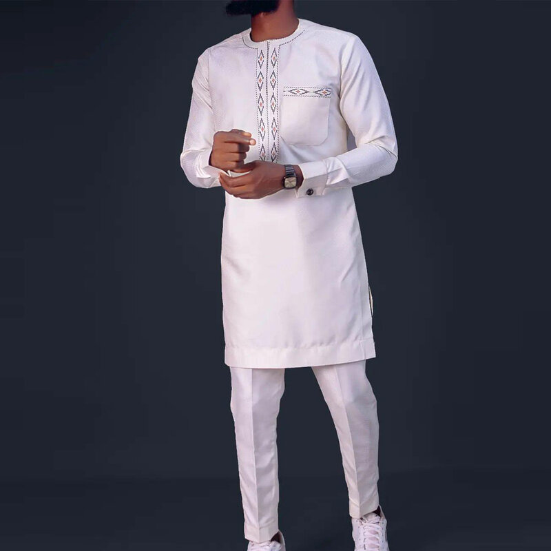 Neue In Anzüge für Männer 2 Stück Sets Männer Outfit Langarm Bestickt Casual Top und Einfarbig Hosen Afrikanischen ethnische Männer Anzug