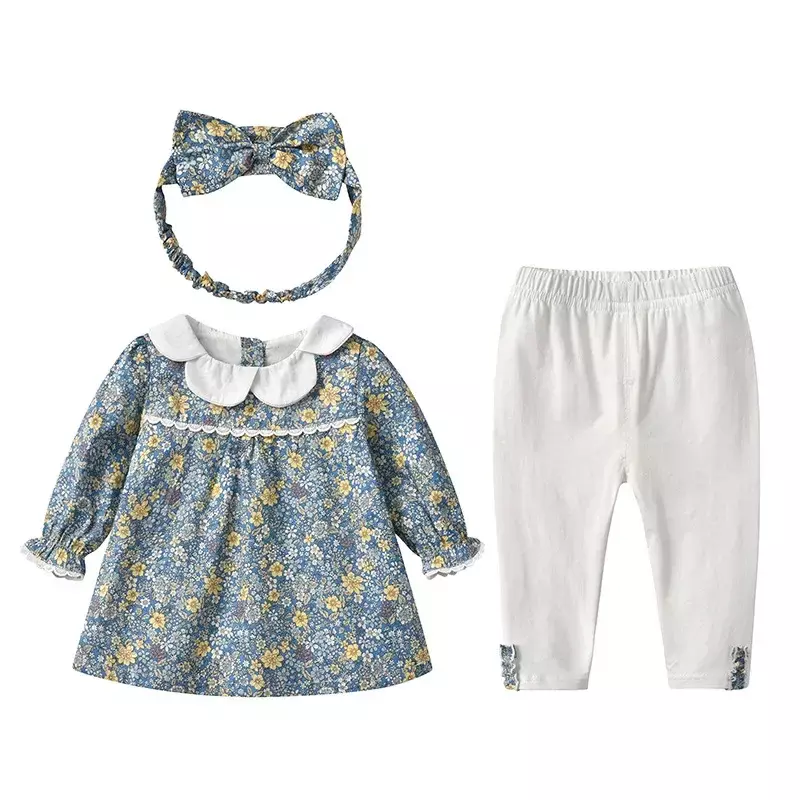 Комплект одежды для новорожденных девочек из трех предметов: рубашка с цветочным принтом + Брюки-Капри + повязка на голову, Детская уличная одежда, детские топы и брюки