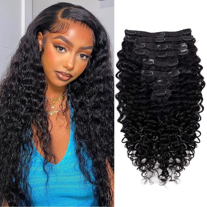 Deep Wave Clip in Hair Extensions With 18 Clips 100% Real Human Hair Natural Black Color For Women Clip Ins Remy Hair 24 26 Inch
