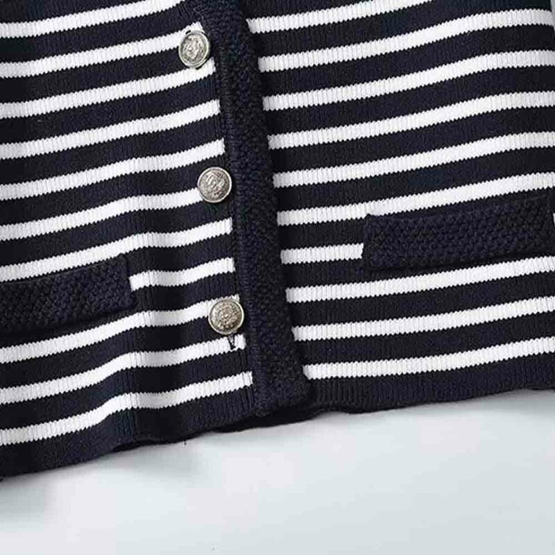Women 2024 Spring New Fashion Striped Knitted Short-sleeved Cardigan Chic V-neck All-match Button Casual Top Mujer