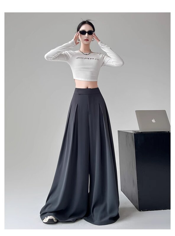 กางเกงเอวสูงลำลองสำหรับสตรีทแวร์ MODE Korea กางเกงผู้ชายขาสามส่วนกางเกง Y2K ขากว้างสำหรับผู้หญิงเสื้อผ้าสตรีทแวร์2024