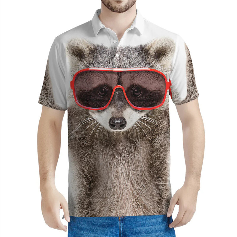 Polo de mapache para hombre, de animales con botones de manga corta Camiseta holgada impresos en 3d, Tops informales de verano con solapa