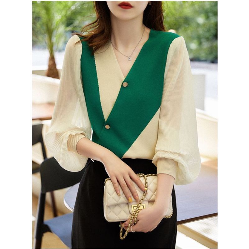 Women Fashion Patchwork V-neck Chiffon Blouse Spring Summer Elegant Chic Long Sleeve Shirts Office Lady Casual Loose Top