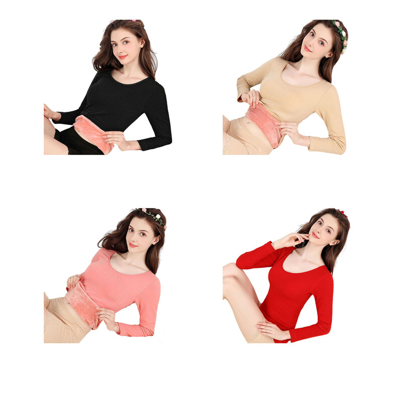 Women Thermal Underwear Basic Top Round Neck Solid Color Base Soft Casual