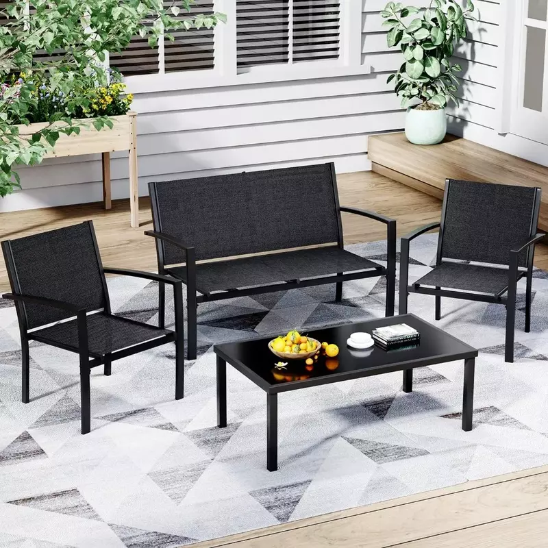 Outdoor Conversation Sets for Patio Table Poolside With A Glass Coffee Table 4 Pieces Patio Furniture Set Black Lawn Garden Camp