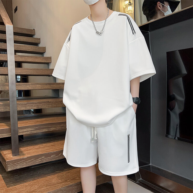 Oversized Tracksuit Men New Korean High Street Fashion Zipper Design T-shirt Shorts Two Pieces Sets Mens Streetwear Men Clothes