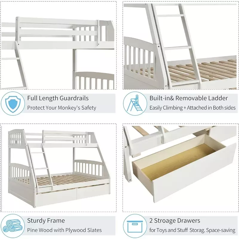 Tempat tidur tingkat penuh kembar kayu Solid dengan dua laci penyimpanan, tangga yang dapat dilepas dan pagar pengaman untuk anak-anak, nyaman