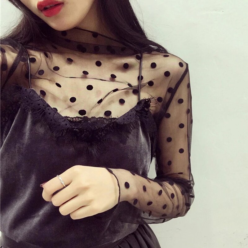 Kaus hitam transparan wanita seksi jala atasan tembus pandang blus lengan panjang Turtleneck baju Klub Wanita Pullover Tee