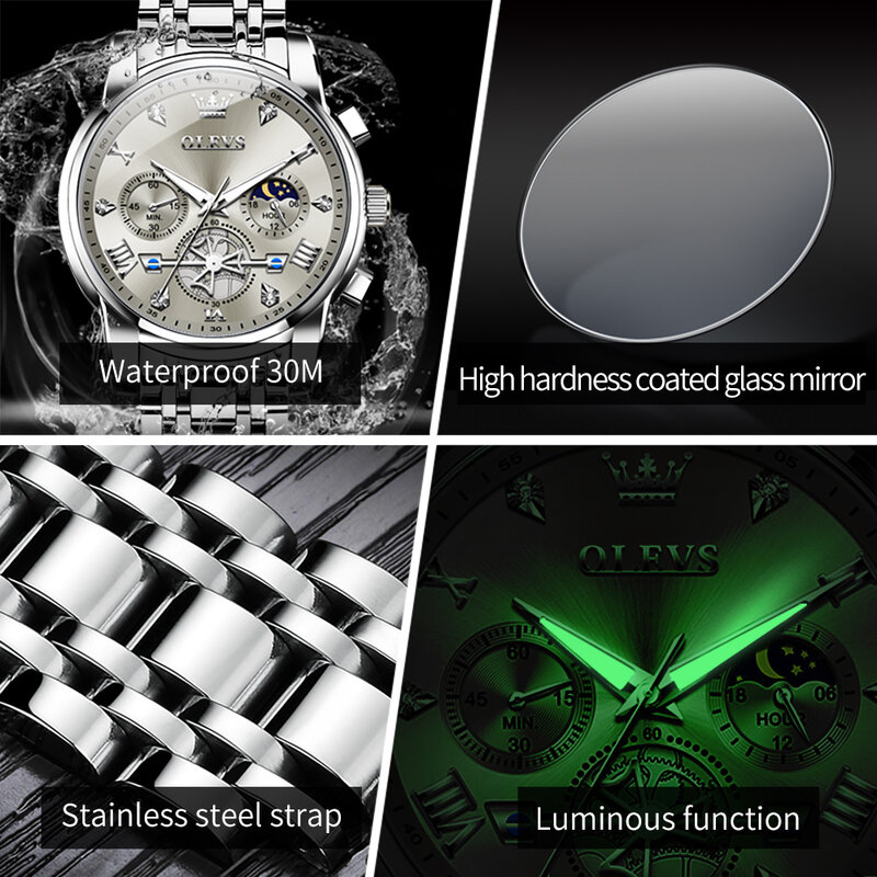 Chronograf zegarki męskie ze stali nierdzewnej OLEVS faza księżyca wodoodporny świecący kwarcowy zegarek na rękę dla mężczyzn