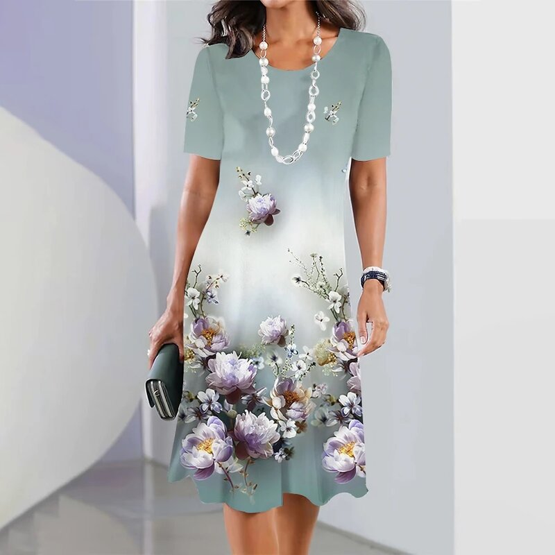 Vestido holgado de verano para mujer, en 3D jersey con estampado de flores, falda elegante para vacaciones, 2024