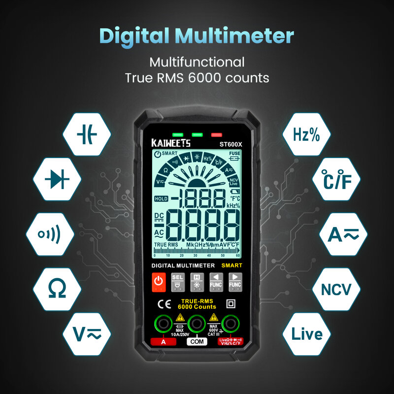 True RMS Multímetro Digital Inteligente, Teste de Alcance Automático, NCV Multimetro Inteligente, AC, Capacitância de Tensão DC, Ohm, Hz Medidor