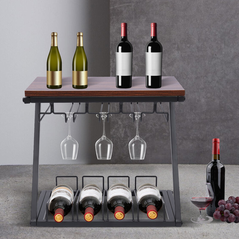 Hold 4 Wine Bottles & 8-12Glasses Wine Rack with Glass Holder, Freestanding Countertop Wine Rack