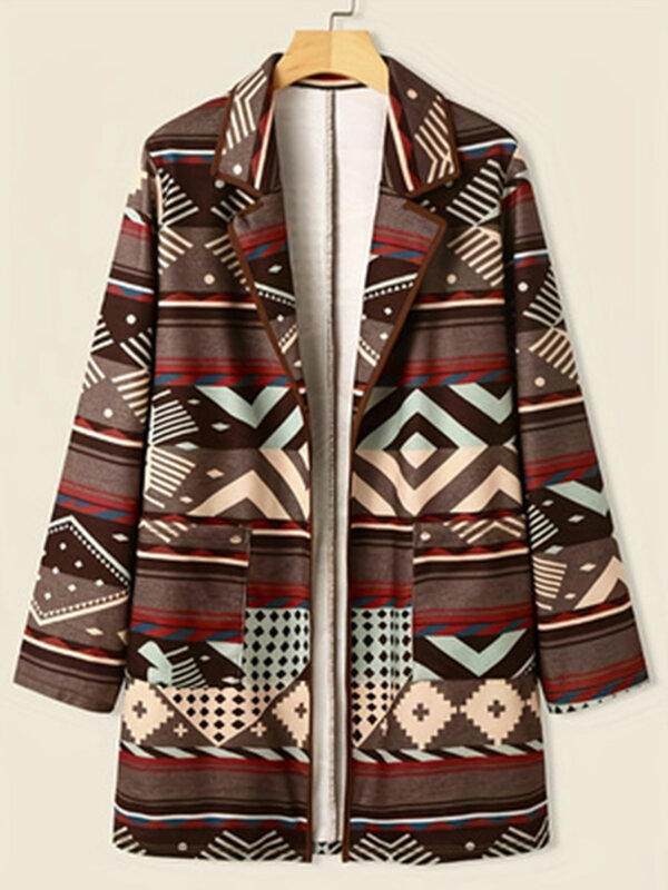 Plus Size Geometric Pattern Coat, Casual Long Sleeve Lapel Coat For Spring & Fall, Women's Plus Size Clothing