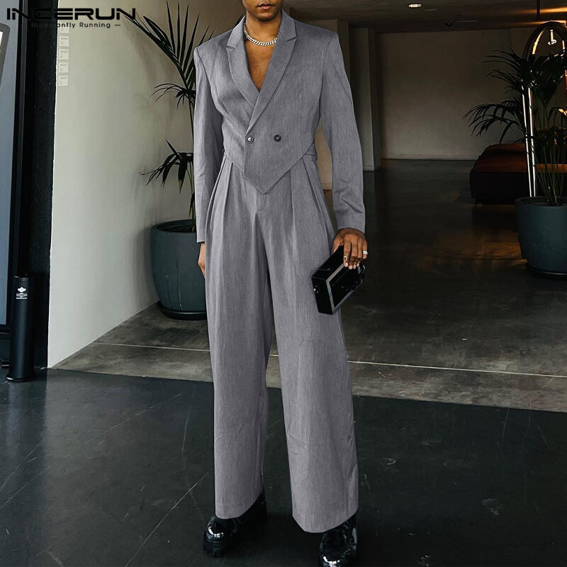 INCERUN 2023 Men Sets Solid Color Autumn Lapel Long Sleeve Irregular Blazer & Pants 2PCS Streetwear Fashion Men's Casual Suits