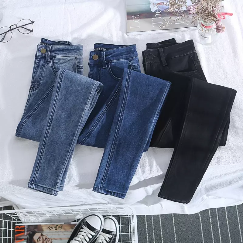 جينز نسائي عالي الخصر ، ملابس الشارع الكورية ، بنطلون نحيف ، ليغنغ مطاطي ، مقاس كبير 25-34 ، جديد