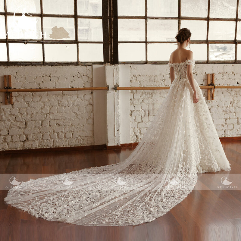 Aedmgh A 라인 웨딩 드레스, 2024 보트 넥 오프 숄더, 로맨틱 3D 꽃 가운, 드 노비아 아플리케
