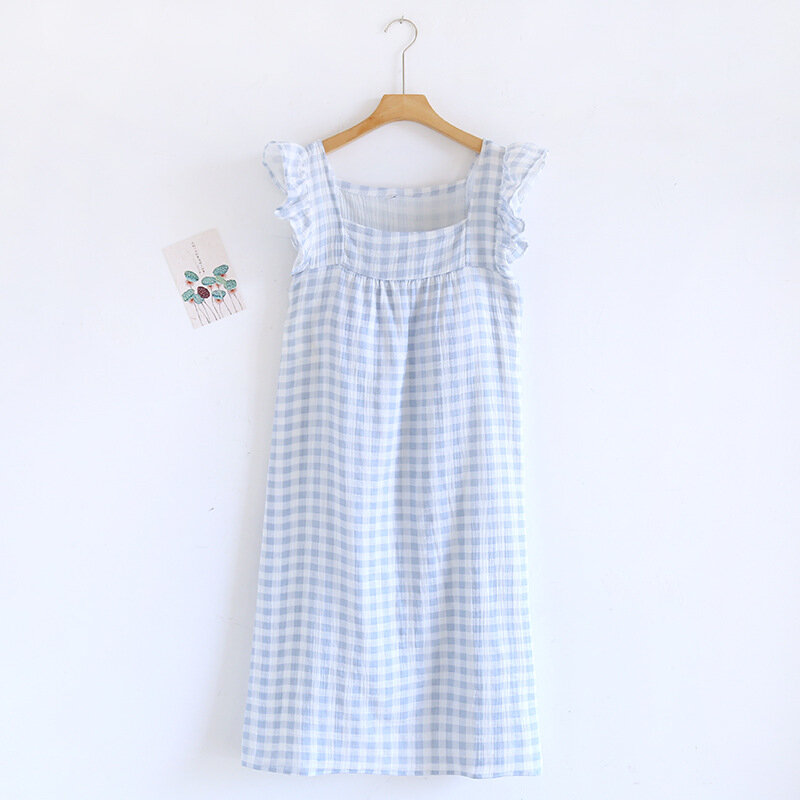 2024 Summer New Women's Sleeping Skirt Tank Top 100% Pure Cotton Large Size Loose Plaid with Chest Cushion Dress Home Fury