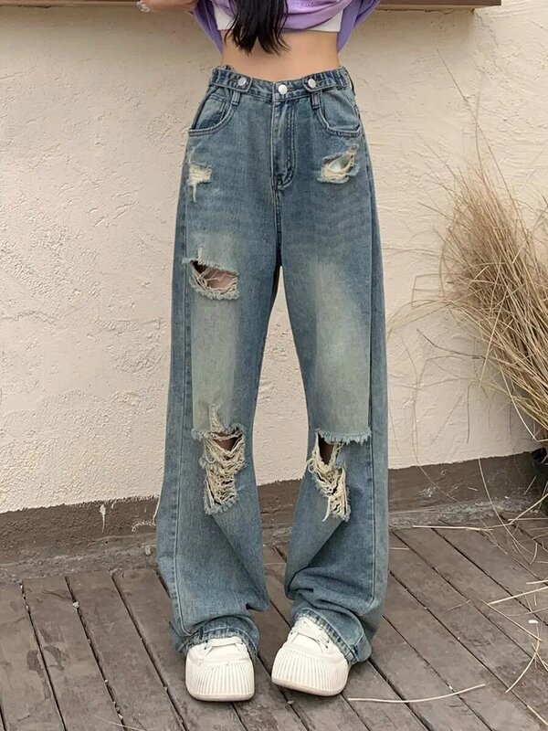 Plus size kształty gruszek porwane jeansy kobiet letnie cienkie, luźne, proste spodnie z pulchną dziewczyną wyszczuplającą wysoką talią spodnie z szerokimi nogawkami