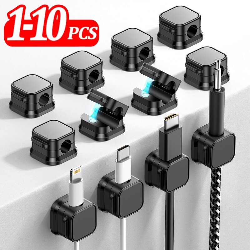1-10Pack Magnetic Cable Clips Under Desk Cable Management Adhesive Wire Holder Organizer for Home Office Desk Car Desktop