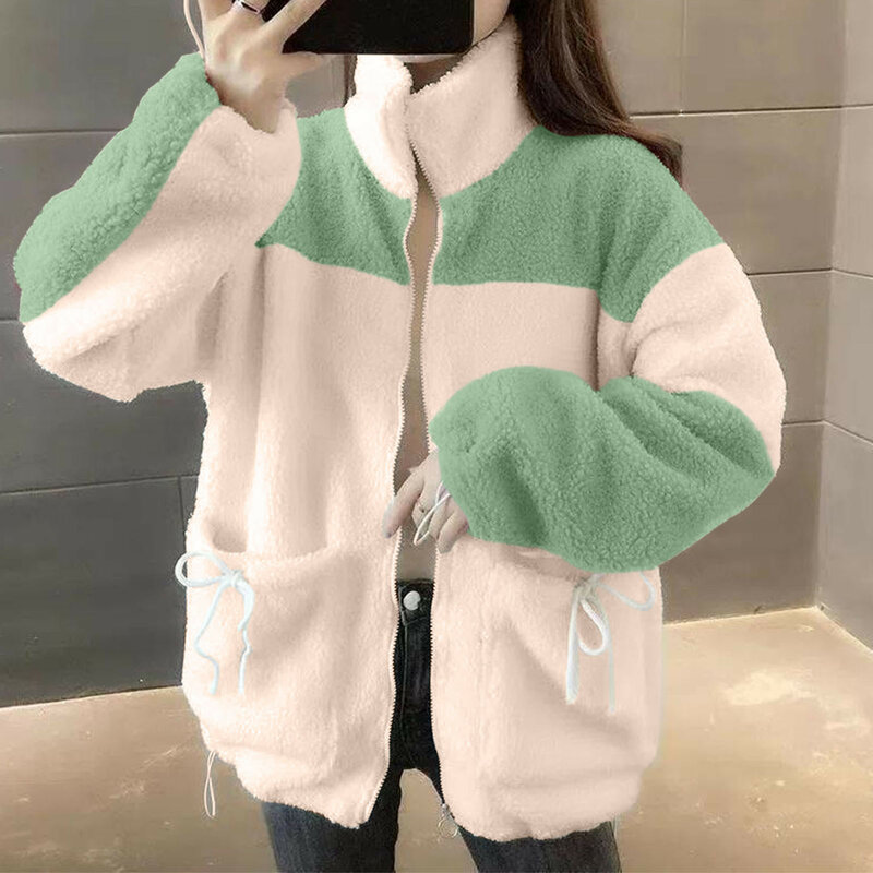 Women's Color Matching Standing Collar Long Sleeved Loose Plush Jackets Coat Fall Winter Thick Warm Fleece Soft Casual Overcoat