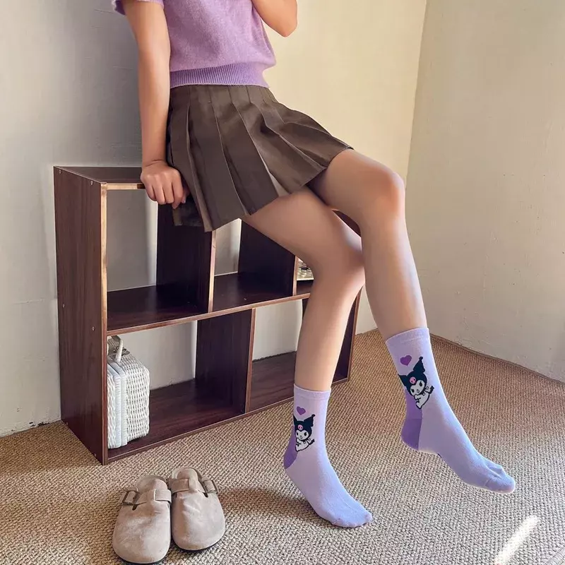 Sanrio Kuromi calzini per ragazze Kawaii Little Witch calze viola in cotone pettinato a tubo medio