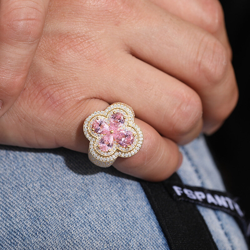 เพชรโมอิส S925เงินแท้แหวนใส่นิ้วดอกไม้สำหรับผู้หญิงผู้ชายเครื่องประดับคลับสุดหรูแหวนแร็ปเปอร์