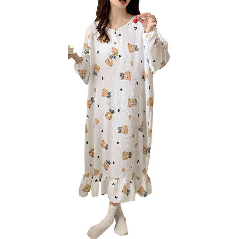 Neue lässige Rundhals-Nachthemden Sommer dünne atmungsaktive Langarm-Nachthemd große lose Nachtwäsche Mädchen Print Homewear