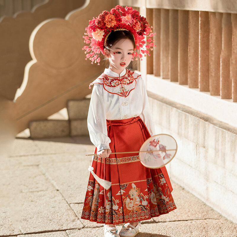Hanfu dziewczęce wiosenne i jesienna odzież dziecko w stylu chińskim złoty koń tkackie twarz zestaw spódnic dziewczynek dynastia Ming starożytne ubrania