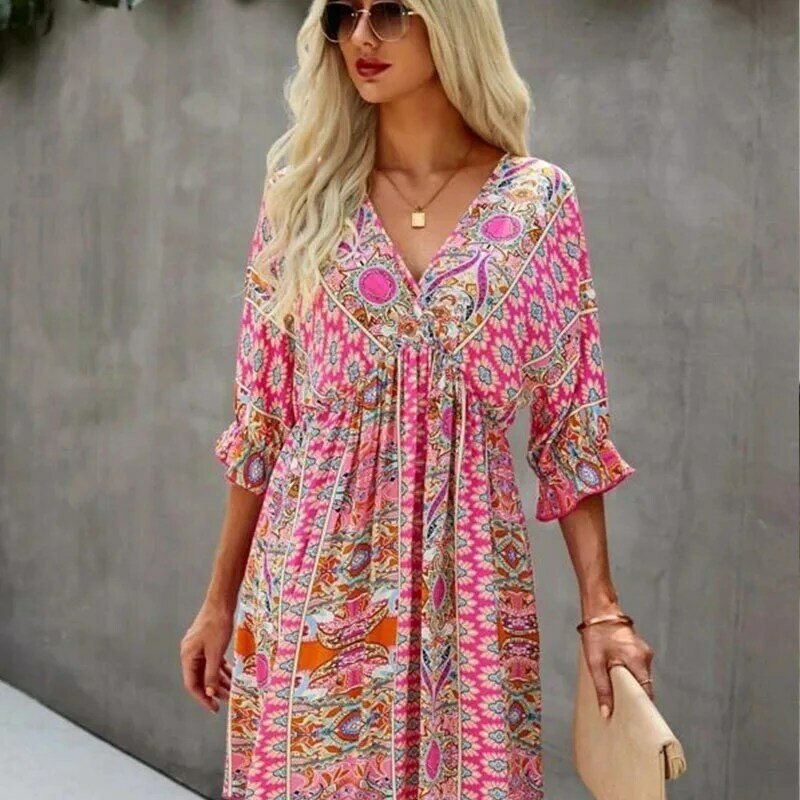 Dresses V-neck Above Knee Mini Casual Floral Empire Pullover Cotton Three Quarter Women's Clothing Summer Comfortable Leisure