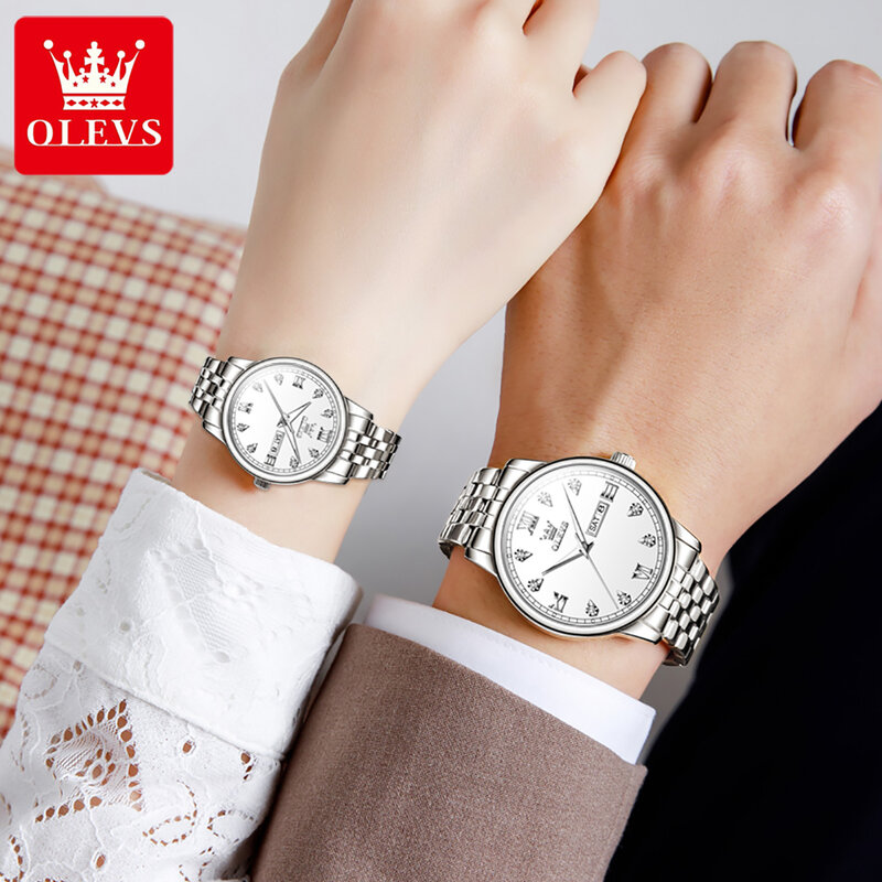 OLEVS-relojes de cuarzo a la moda para pareja, relojes de lujo de acero inoxidable dorado para pareja, Reloj de pulsera luminoso impermeable para mujer