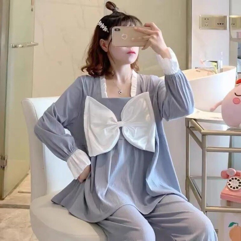 Pajama Sets Women Autumn Sleepwear Patchwork Bow Long Sleeve Full Length Chic Square Collar Sweet Lovely Home Female Pyjamas Pjs