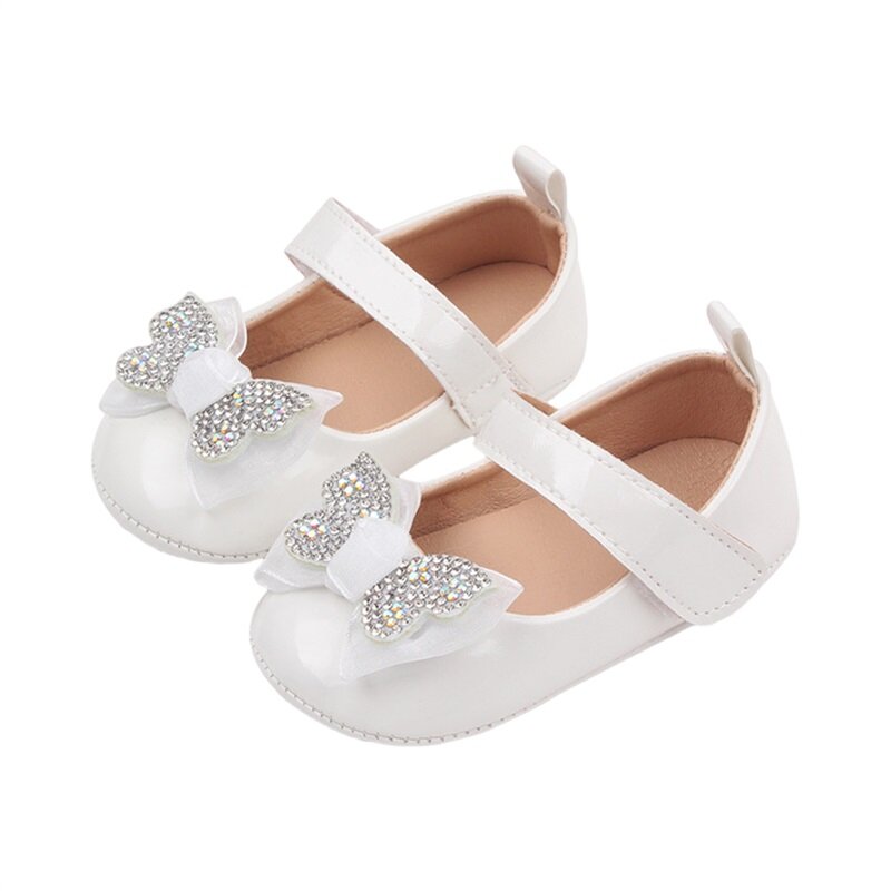 Sepatu kulit bayi perempuan, Kasut datar Mary Jane anti Slip berlian imitasi pita Putri