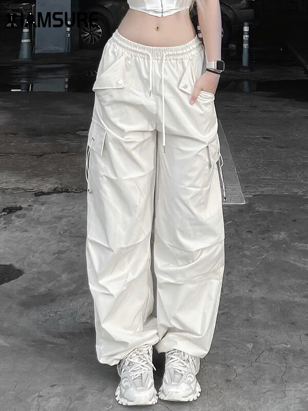 IAMSURE Safari Style grandi tasche pantaloni a gamba larga pantaloni Cargo Casual a vita bassa donna 2024 autunno primavera moda Streetwear Lady