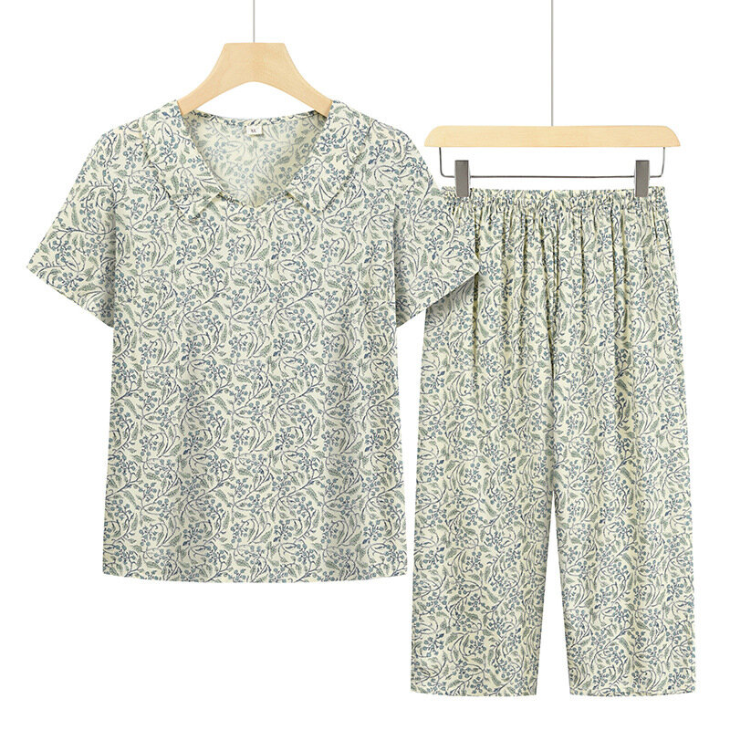 Fato floral feminino, conjunto de 2 peças, pijamas de verão, pijama feminino de lapela, mãe de meia idade