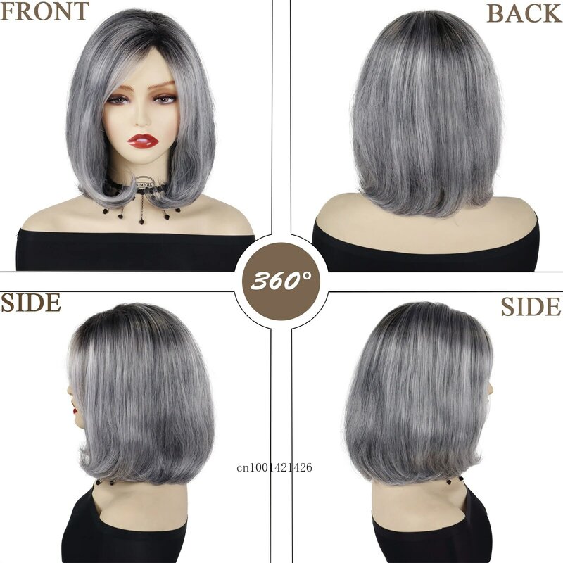 Dark Grey Wigs Cosplay Synthetic Heat Resistant Bob Ombre Grey Wigs Women Halloween Costume Party Gradient Gray Wig with Bangs