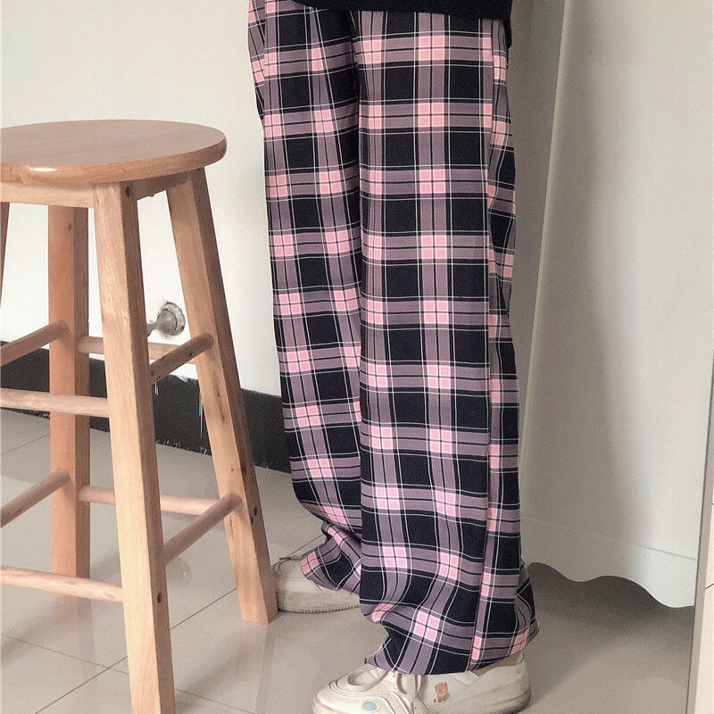 Set Wanita Kaus Cetak Huruf Kaus Leher-o Harajuku Celana Kaki Lebar Jalanan Tinggi Celana Panjang Kotak-kotak Retro Pakaian Ins Siswa