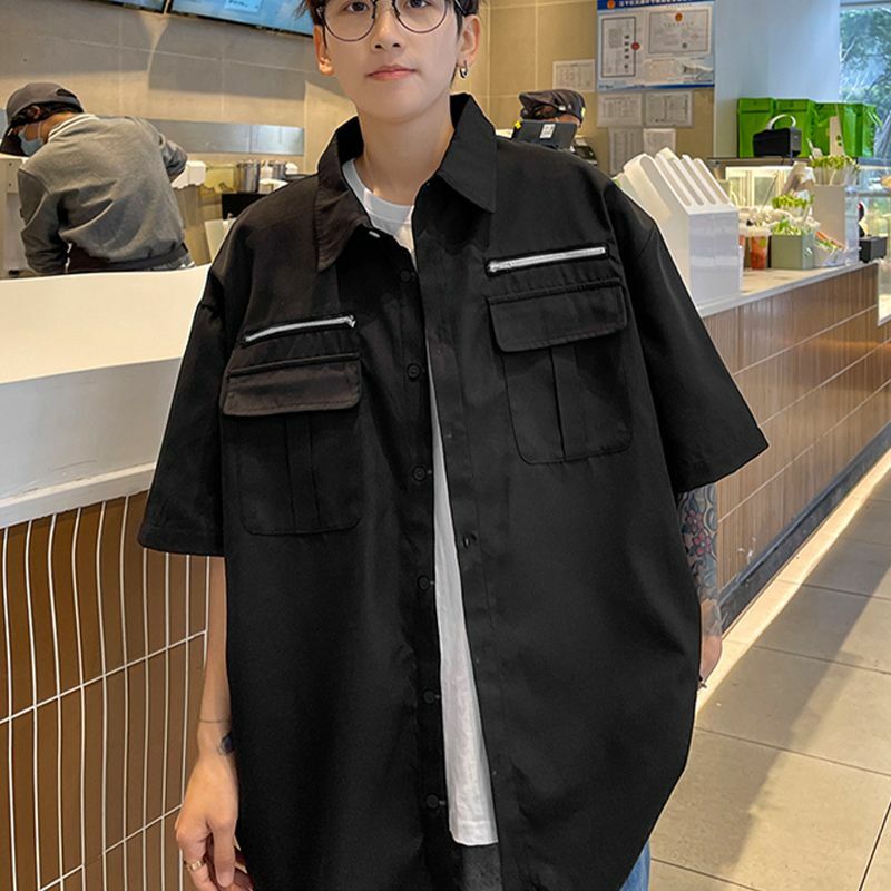Blusa de manga corta para Hombre, Ropa informal holgada, ajustada, con bolsillos y cremallera, color liso, elegante, a la moda, estilo Harajuku