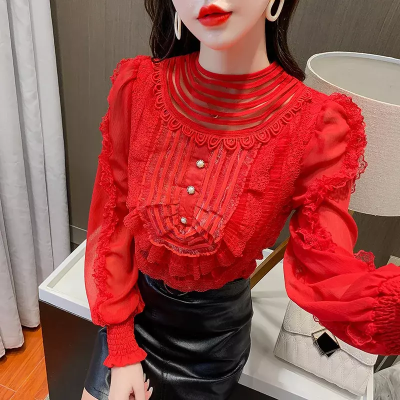 Áo Tay Dài Áo Blusas Mujer De Moda Verano Elegantes Áo Sơ Mi Mùa Xuân Và Mùa Hè Ren Xù Hàn Quốc