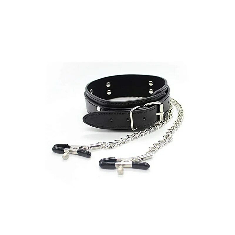 BDSM Leather Choker Collar With Nipple Breast Clamp Clip Chain Couple Slaves Adult Sex Toys Butterfly Style For Couples Games