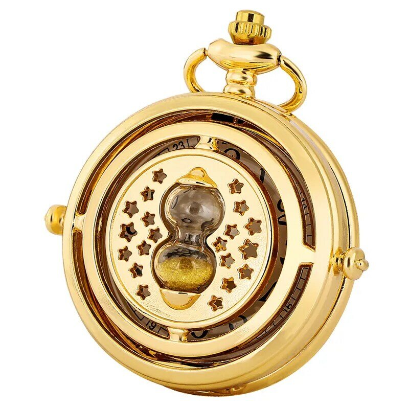 Luxury Yellow Gold Sandglass Design Unisex Quartz Analog Pocket Watch Alloy Fob Chain Arabic Number Timepiece Reloj De Bolsillo