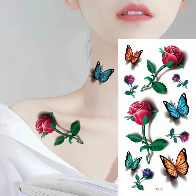 Pegatina de tatuajes temporales para mujer, tatuaje de arte corporal 3D, mariposa, rosa, flor, pluma, tatuaje impermeable, regalo de Halloween