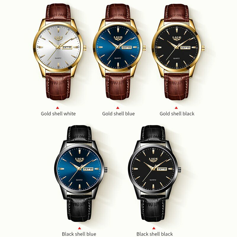 LIGE Fashion Watches Men Top Brand Luxury Quartz Watch Men Leather Strap Waterproof Business Casual Men Wristwatches Clock