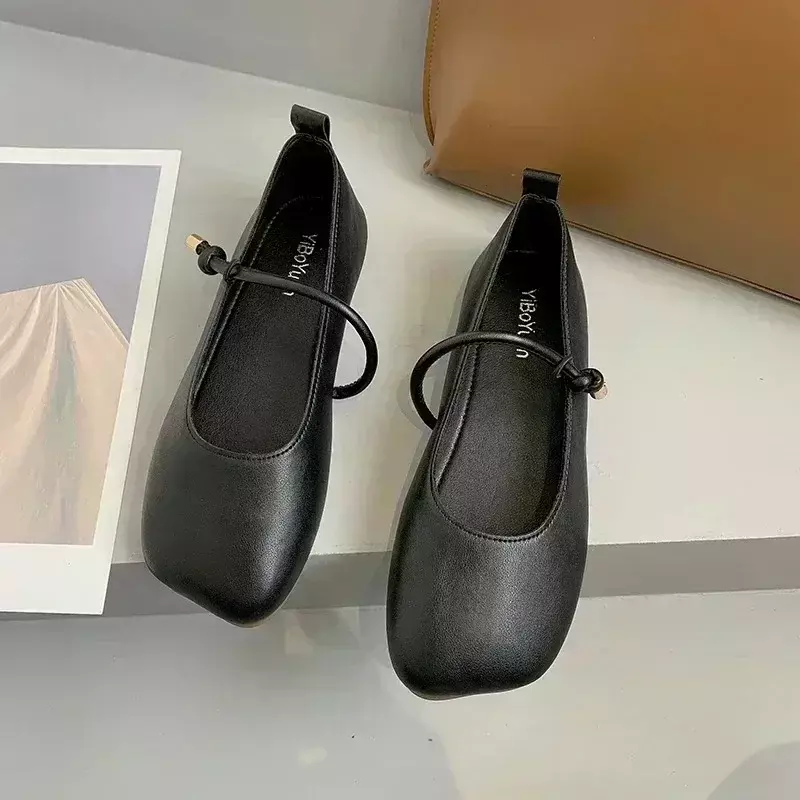 Zapatos planos de punta cuadrada para mujer, zapatillas de cuero sin cordones, informales, cómodas, de oficina, suela suave y ligera