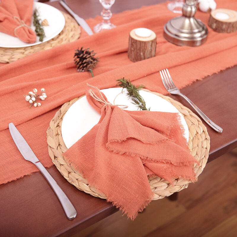 Corredores de mesa de gasa Rust rústica, mesa de comedor de algodón de terracota, textura Retro de rebabas, decoración Vintage para el hogar, Navidad y boda