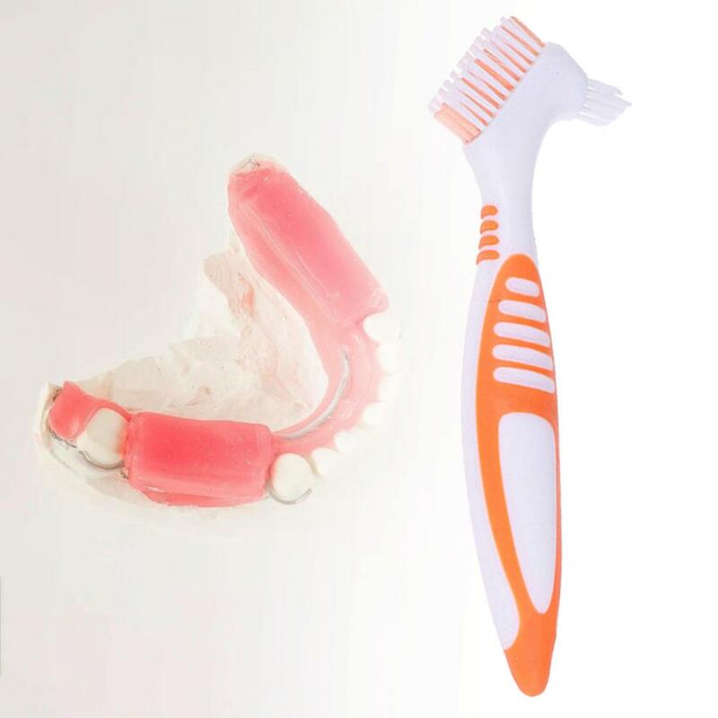 Escova plástica portátil lateral dobro da limpeza da dentadura, Y-forma, macio, ferramentas principais, delicado, uso do curso