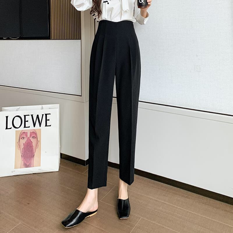 Mulheres extragrandes calças de cintura alta, calças de trabalho ajuste reto, calças escritório, preto, elegante calças lápis, calças de luxo, S-3XL